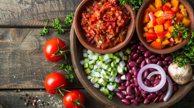 A colorful still life of chili ingredients Diced tomatoes, red kidney beans, chopped onions, and colorful spices like chili powder and cumin are arranged in a rustic wooden bowl  