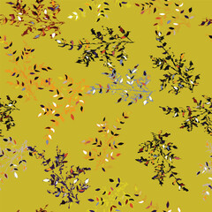 A beautiful seamless pattern of golden leaves on an amber background, resembling a lush plant cover. The vibrant yellow and gold hues create a stunning visual display
