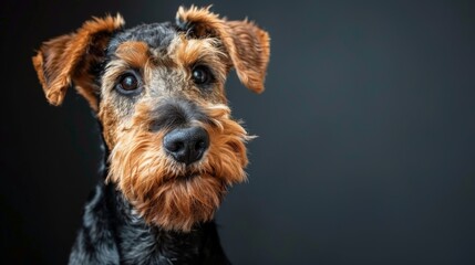 Close-up portrait of an Airedale Terrier, showcasing its detailed features and soulful eyes against a black background