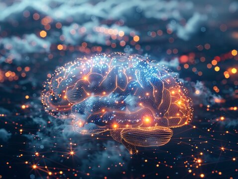 A conceptual image of a brainshaped cloud with glowing neurons and connections, representing cloudbased artificial intelligence  