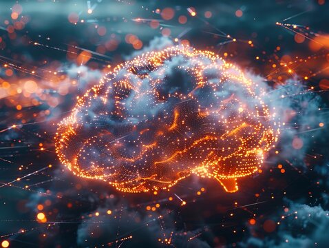 A conceptual image of a brainshaped cloud with glowing neurons and connections, representing cloudbased artificial intelligence  