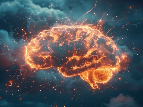 A conceptual image of a brainshaped cloud with glowing neurons and connections, representing cloudbased artificial intelligence  