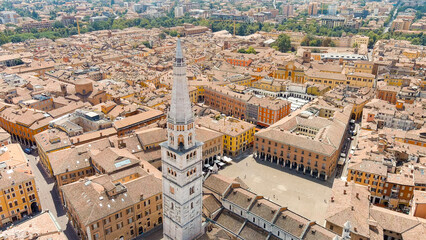 Modena, Italy. Modena Cathedral. Famous Romanesque cathedral with bell tower. Historical Center. Summer, Aerial View