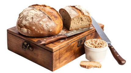 A rustic wooden box serves as a pedestal for a loaf of freshly baked bread on transparent background