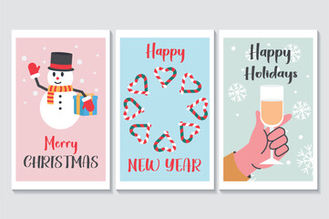 Happy holidays set of posters in flat cartoon design. These posters are filled with various winter holiday elements, including a snowman, candies and champagne. Vector illustration.