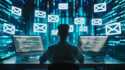 Dynamic view of a cybersecurity expert monitoring email communications, ensuring the protection of sensitive information in a networked environment