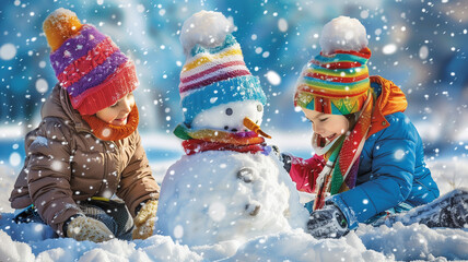 Two kids building a snowman in the snow.