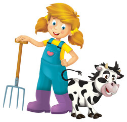 cartoon scene with farmer girl standing with pitchfork and farm animal cow calf isolated background illustation for children © honeyflavour