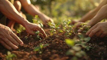 Fototapeta premium Golden Hour Growth: Diverse Hands Working Together in a Garden, generative ai