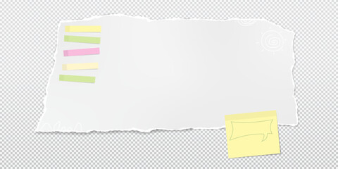 White paper strip with torn edge, note and soft shadow is on squared background for text or ad. Doodle style.