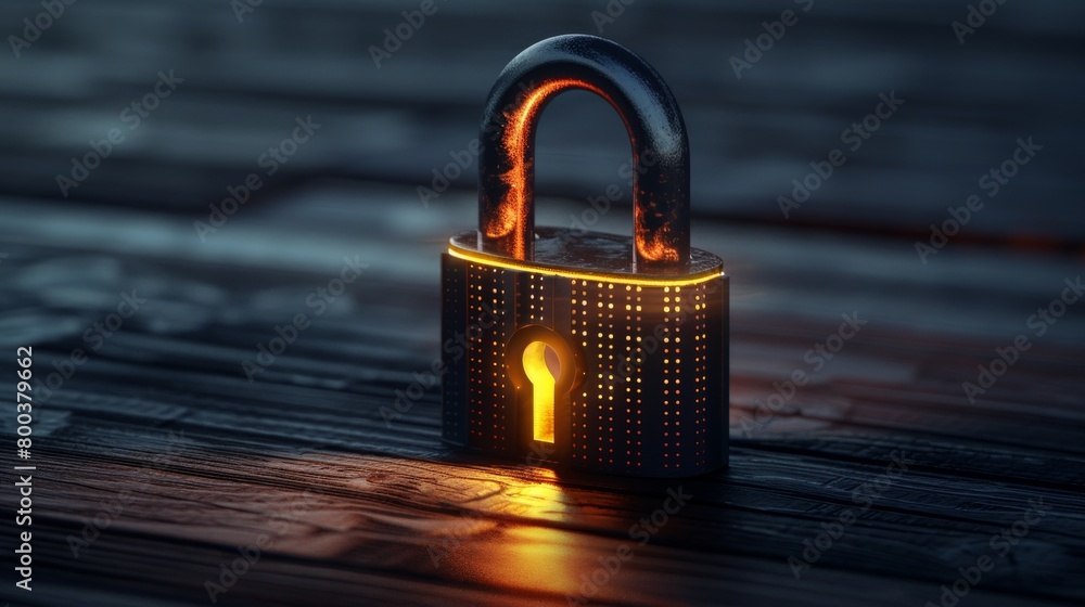 Poster a digital illustration of a padlock with a fingerprint sensor integrated into its design, symbolizin