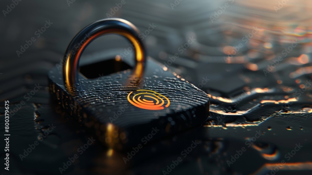 Poster a digital illustration of a padlock with a fingerprint sensor integrated into its design, symbolizin