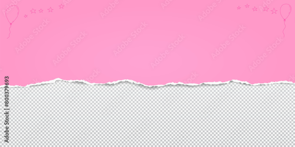 Poster pink paper strip with torn edge and soft shadow is on squared background for text or ad.