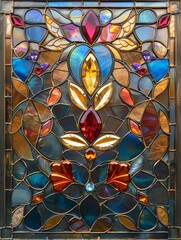 Vibrant Stained Glass Mosaic Artwork with Reflective Beveled Corner Motifs