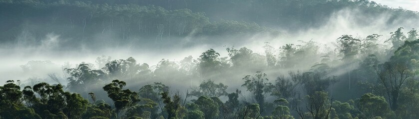 Expansive view of a forest blanketed in morning mist, where the trees stand tall and ghostly, stretching across the panorama