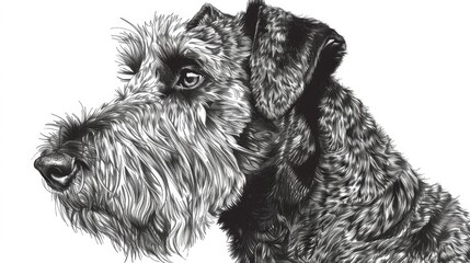Detailed pen and ink drawing showcases the textured fur and expressive eyes of an Airedale Terrier, a breed known for its intelligence and loyalty