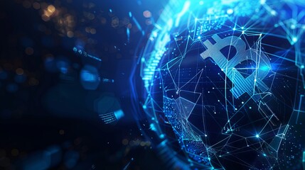 Futuristic HUD Background Featuring Blockchain Technology with World Globe and Polygon Peer-to-Peer Network – Global Cryptocurrency Blockchain Business Banner Concept