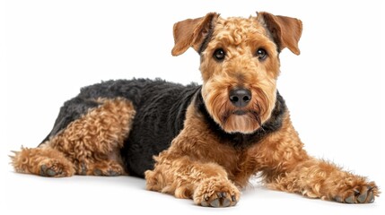 An Airedale Terrier lying down with its face blurred out, highlighting its furry body and paws...