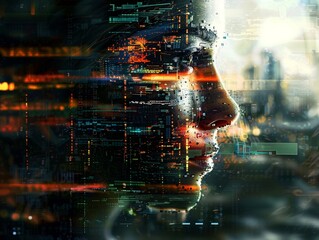Futuristic portrait of a digital face, crafted from streaming codes and cybernetic enhancements, depicting the future of humanity