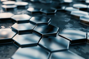Fototapeta premium A field of chrome hexagons, some smooth and reflective, others dented and scratched, creating a dynamic composition 