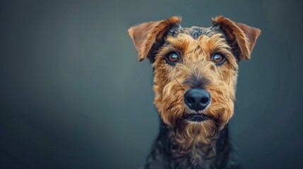 A captivating portrait of an Airedale Terrier with a soulful expression against a smooth background - obrazy, fototapety, plakaty