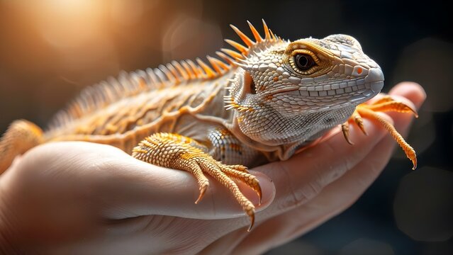 Handling a pet sand lizard with sharp spikes and brown scales. Concept Reptile Handling, Pet Lizard Care, Sand Lizard Behavior, Protective Gloves, Safety Measures