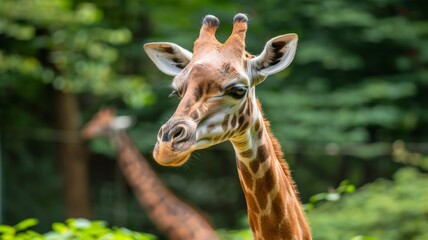 Obraz premium A giraffe is shown up close with trees in the background