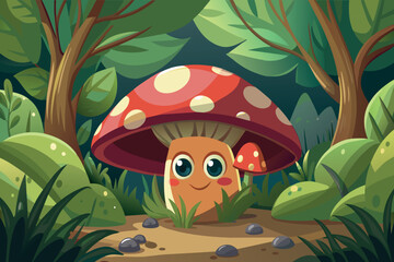 A cartoon mushroom with a smile on its face is sitting in a forest
