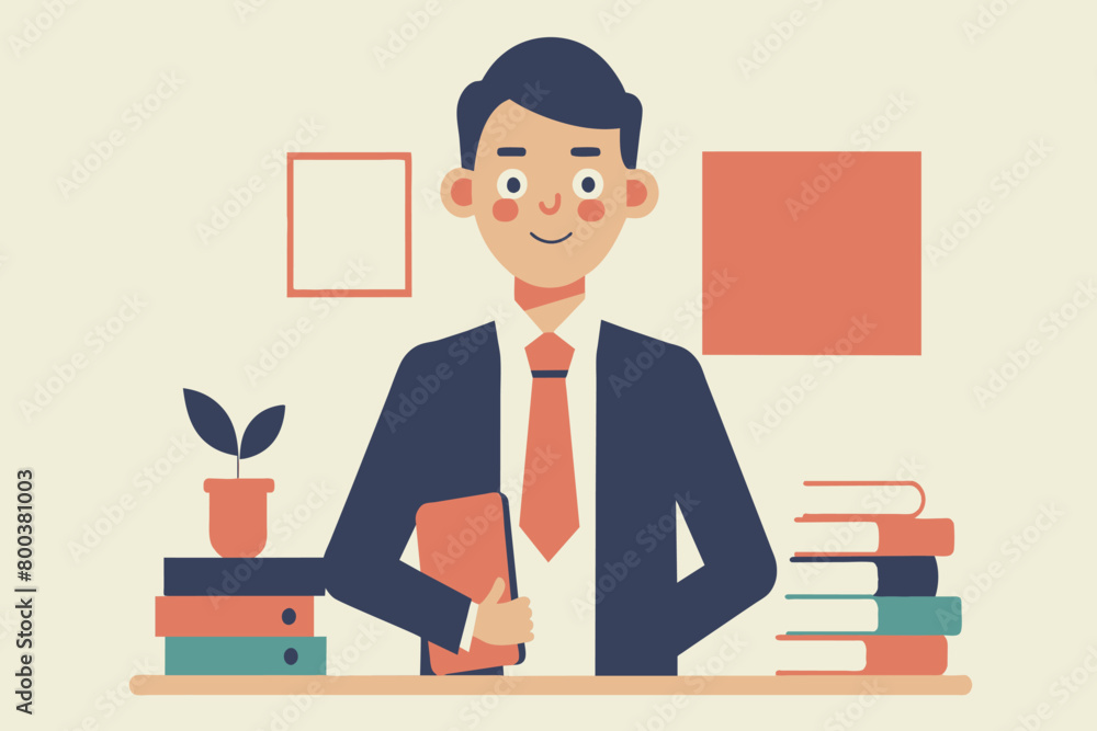 Poster a man in a suit is sitting at a desk with a stack of books and a folder