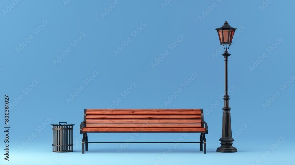 Poster 3d rendering showcasing a bench with a street lamp and bin against a blue studio background.