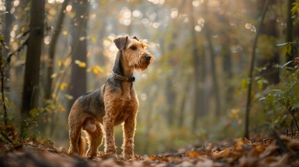 A majestic Welsh Terrier in a forest bathed in the warm light of sunset