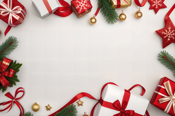 Fototapeta na wymiar Merry Christmas Background with Festive Christmas Gifts and Decorations, Vector Illustration