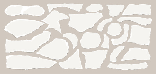 Set of torn light note paper pieces stuck on beige background for text or ad.