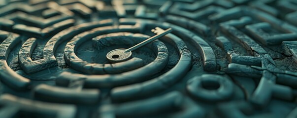 A labyrinth with a single key floating at its center, representing the challenge of navigating the complexities of the mind and unlocking its potential  
