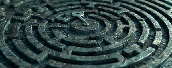 A labyrinth with a single key floating at its center, representing the challenge of navigating the complexities of the mind and unlocking its potential  