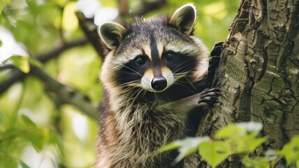 A raccoon is seen climbing up a tall tree in a lush forest setting