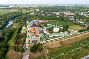 Ryazan, Russia. Cathedral bell tower. Ryazan Kremlin - The oldest part of the city of Ryazan. River Turbezh. Aerial view