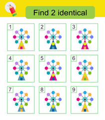 Fun puzzle game. Need to find two identical Ferris wheels. Answer is 4,8.