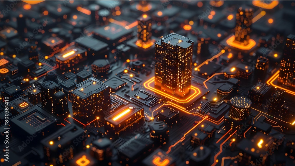 Poster a macro view of a futuristic cityscape fashioned from circuitry, with glowing neon light pathways an