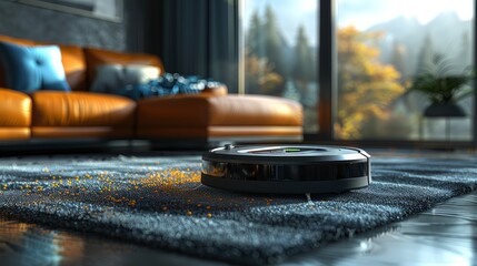 Fototapeta premium 3D Robot vacuum cleaner removing different sizes of dusts, mold, bacteria, and any airborne particles in living room. Concept of vacuum cleaner filtering and cleaning