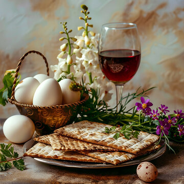 Passover, Passover holiday, Passover composition, wine, matzo, egg, greens, traditional Jewish Passover dishes. Warm, cozy, soft evening light, atmospheric style, festive Jewish faith.
