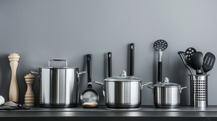 Elegant array of kitchen utensils and stainless steel cookware on gray background
