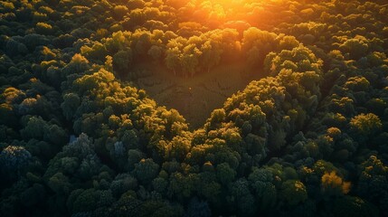 Golden Hour Love: Heart-Shaped Clearing in the Forest, generative ai