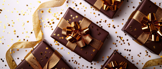 Happy Holidays mock up with chocolate gift box on brown. Celebration greeting background with presents, confetti, decorations. Flat lay. Top view. Generative Ai
