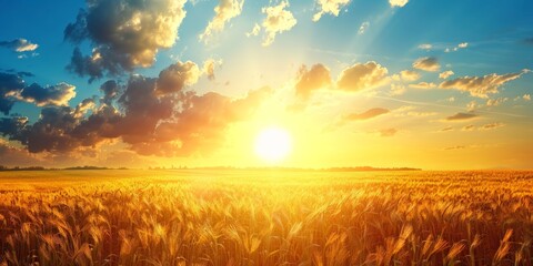 The sun is setting in the background of a vast field of grass, casting a warm orange glow over the landscape