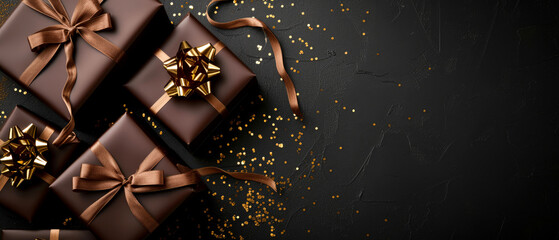 Happy Holidays mock up with chocolate gift box on brown. Celebration greeting background with presents, confetti, decorations. Flat lay. Top view. Generative Ai