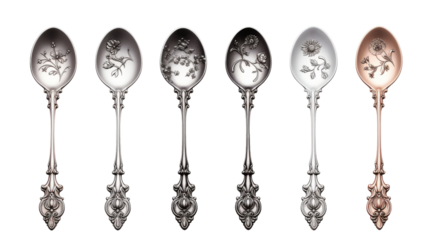 A collection of artistic spoons with various intricate designs and patterns on transparent background