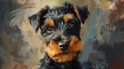 This vibrant painting captures the personality of a black terrier with expressive eyes and detailed fur texture