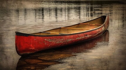 Old red rowing boat on the lake.