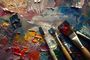 Fototapeta premium palette with brushes and paints